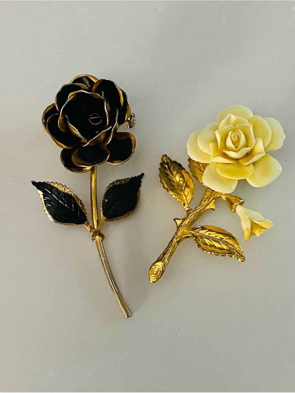 Gold-Tone Floral Rose Brooches with Black and Cream Petals